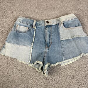 Hollister Cut Off Shorts Women 11 Blue High Rise Denim Patchwork Frayed 30 x  2"